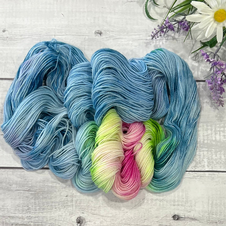 "Apple Blossom" Assigned Pooling Deluxe Sparkle Fingering Hand-dyed Yarn